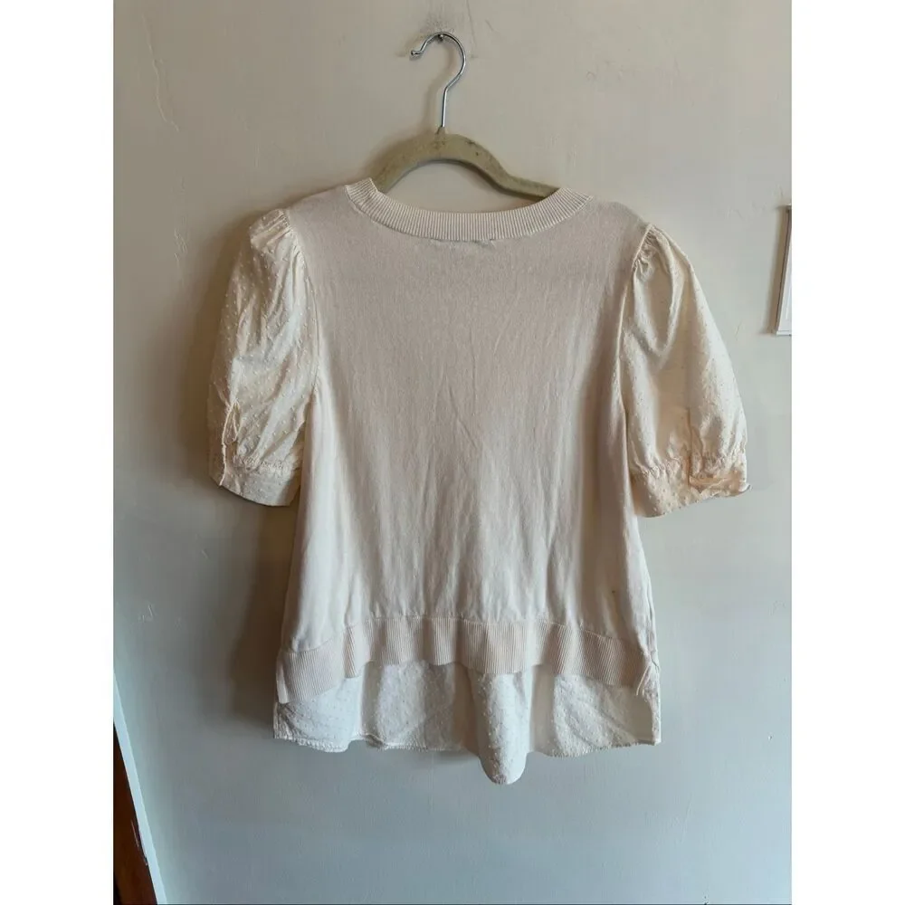 Loft Ivory Puff Sleeve Blouse Size Medium Polka Dot Texture Scoop Neck